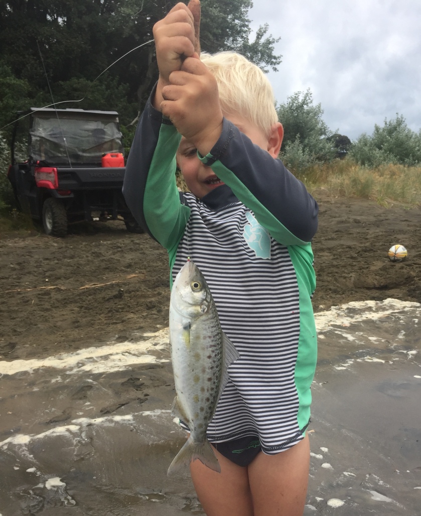 First fish, father son, fishing rod, new zealand, salt water fly fishing